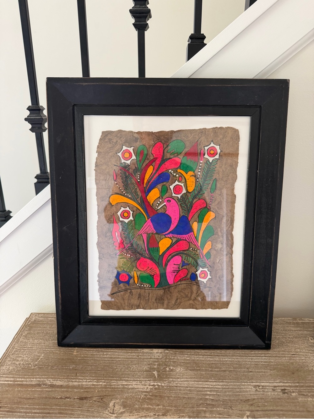 Vintage Mexican Folk Art Bark Painting Framed